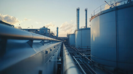 Industrial landscape featuring large storage tanks and pipelines under a clear sky, emphasizing energy production and infrastructure.