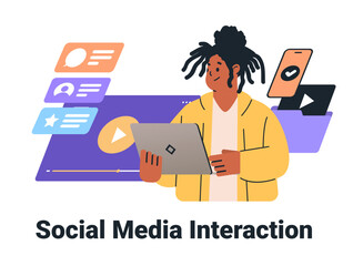Poster - Social media interaction person using laptop with chat bubbles video icons and smartphone colorful elements on white background