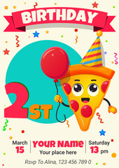 Children's birthday invitation card with cute cartoon pizza character. Vector illustration. 2 st