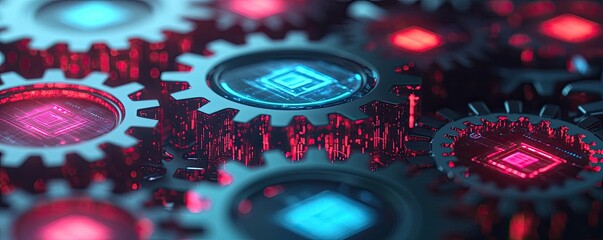Aufkleber - Colorful gears and circuits, detailed and abstract, on a dark background.