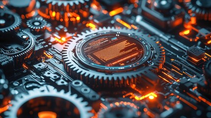 Poster - Close-up of intricate mechanical gears with glowing elements.
