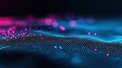 Poster - Abstract digital waves with glowing dots in blue and pink hues.