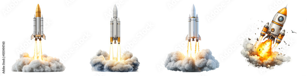 Rocket Sequence A sequence of rocket launches showcasing stages of liftoff, featuring ...