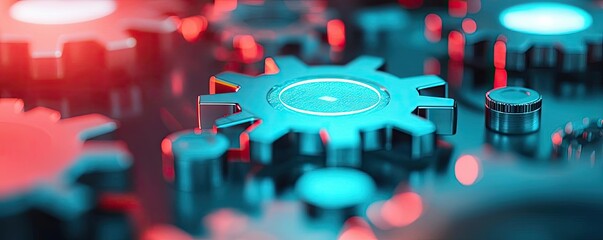 Poster - Close-up of colorful gears with blue and red lighting in a mechanical setting.