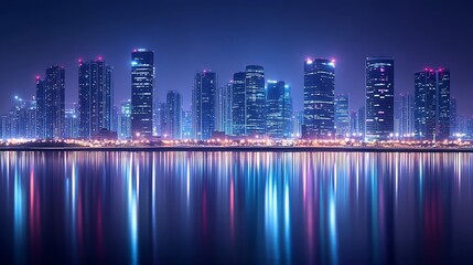 Aufkleber - Stunning Night Cityscape with Illuminated Skyscrapers Reflecting on Water : Generative AI