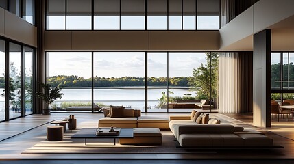 Poster - Luxurious modern lakefront living room design with panoramic views : Generative AI