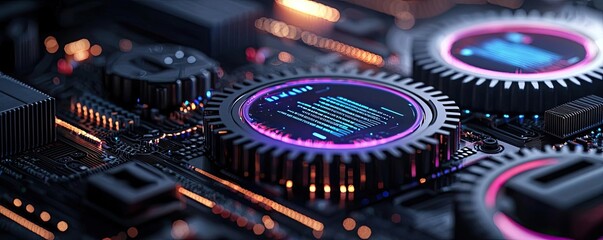 Poster - Close-up of a modern circuit board with glowing components and intricate details.