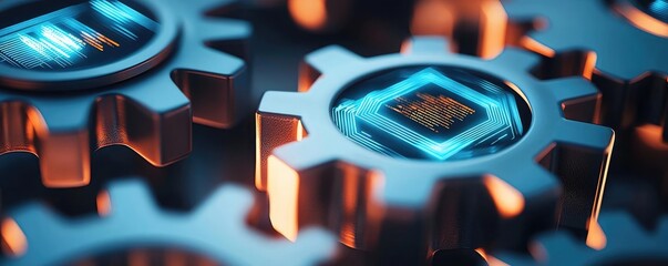 Aufkleber - Close-up of gears with embedded microchips and blue glow, isolated on white.