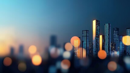 Poster - Urban skyline at dusk with illuminated skyscrapers and bokeh effect
