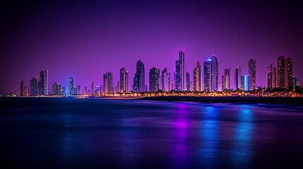 Aufkleber - Vibrant Skyline Of Modern City Skyscrapers Illuminated with Neon Purple and Pink Reflection on Ocean : Generative AI