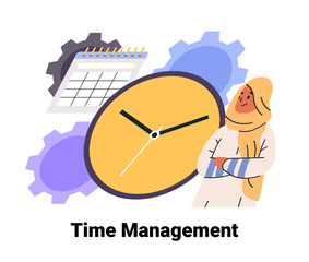 Poster - time management business concept clock calendar. illustration of person in hijab with large clock ge