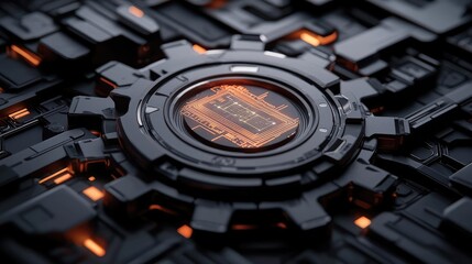 Poster - Futuristic circuit board design with glowing components and intricate patterns.