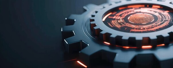 Poster - Futuristic gear with glowing elements on a dark background.
