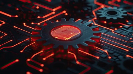 Poster - Futuristic gear design with glowing red circuits, black background.