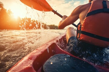 Sunset kayaking adventure on serene river