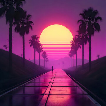 A synthwave-style scene showcasing a vibrant neon sunset, silhouetted palm trees,