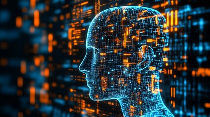 Aufkleber - Digital Brain Illustration with Integrated Circuits and Neon Orange and Blue Elements : Generative AI