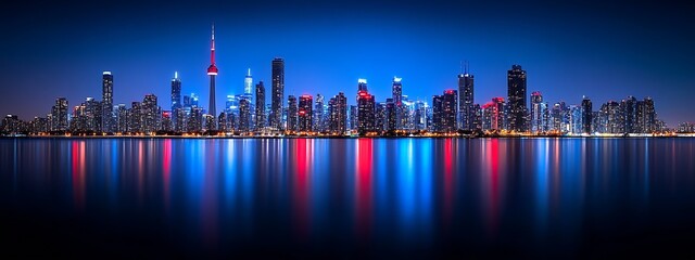 Fototapete - Stunning Cityscape with Night Skyline Reflections of Modern City Architecture in Water : Generative AI