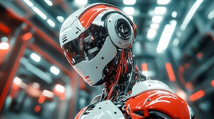 Poster - Robotic Figure with White and Red Pattern in Modern Tech Facility : Generative AI
