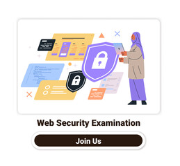 Poster - Web security examination concept with person analyzing digital data shield icons and coding elements colorful design website banner template