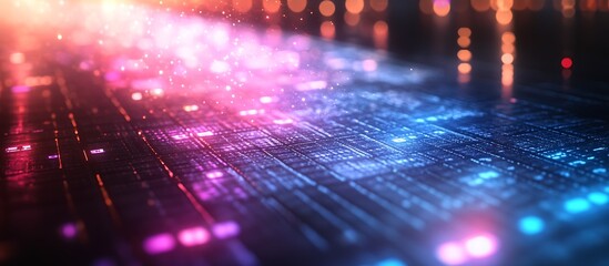 Poster - Colorful Abstract Technology Background with Neon Highlights and Digital Grid : Generative AI