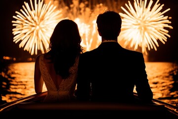 A couple enjoying a romantic moment by the water with fireworks in the background.