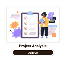 Poster - project analysis concept with checklist clipboard person holding tablet gears documents colorful ele