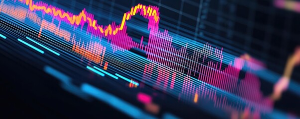 Poster - Colorful data visualization with graphs and charts on a dark background.