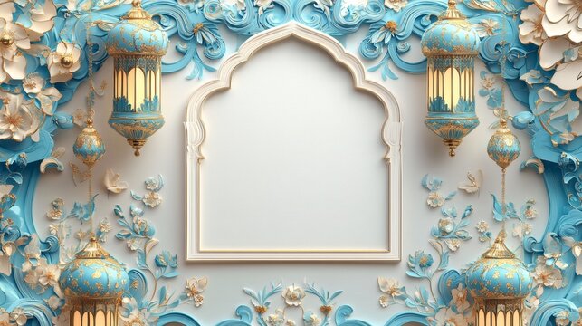 Simple 3D vector white background with Islamic Ramadan elements