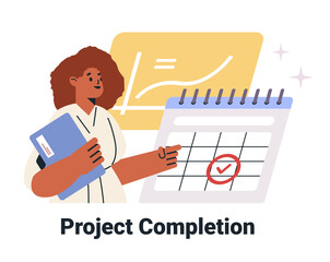 Poster - Project Completion businesswoman marking calendar chart holding folder background yellow graph stars