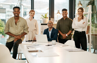 Poster - Business people, happy and portrait in office for collaboration, diversity and confident group of staff. Digital agency, smile and face for teamwork, planning and professional career with management