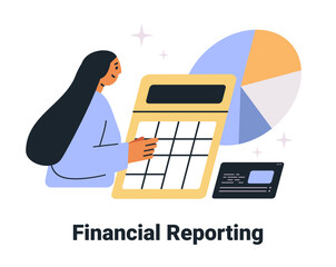 Poster - financial reporting business concept woman analyzing charts with calculator pie chart and data card.