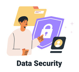Aufkleber - data security concept with person pointing at shield lock icon folder and user profile in modern fla