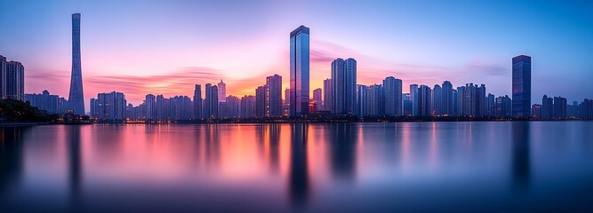 Fototapete - Beautiful Urban Panorama at Sunset with Striking Skyscrapers by the Water : Generative AI