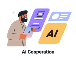 Poster - AI cooperation man using tablet digital communication technology colorful icons modern design