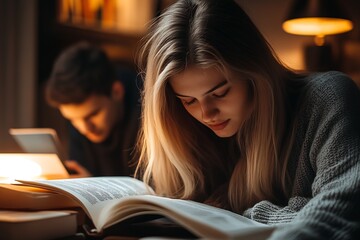 Poster - Two People Studying Intensely in Home Library with Books and Technology : Generative AI