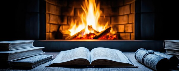Aufkleber - Cozy scene with an open book by the fireplace, creating a warm atmosphere.