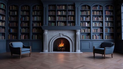Aufkleber - Elegant library interior with bookshelves, fireplace, and cozy seating.