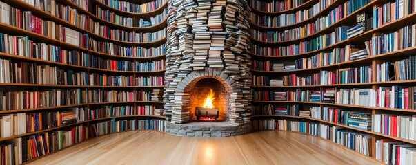 Aufkleber - Cozy library interior with stone fireplace and stacked books on circular shelves.