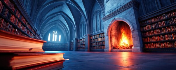 Poster - Interior of a cozy library with bookshelves and a warm fireplace.