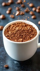 A white cup filled with finely ground coffee sits on a dark surface, complemented by scattered whole coffee beans adding texture to the composition