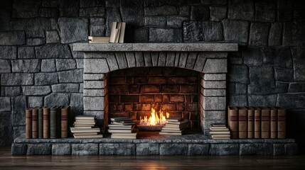 Poster - Cozy fireplace with books, warm glow and stone design, perfect for relaxation.