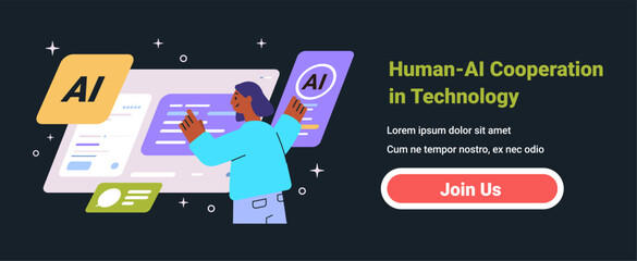 Poster - human-ai cooperation technology concept person interacting with ai interface futuristic design dark 