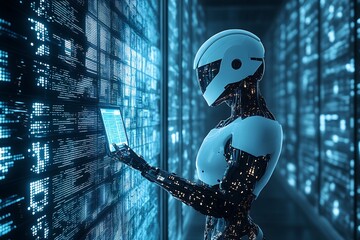 Aufkleber - Advanced Futuristic Robot in a Data Center Navigating Information on a Digital Tablet : Generative AI