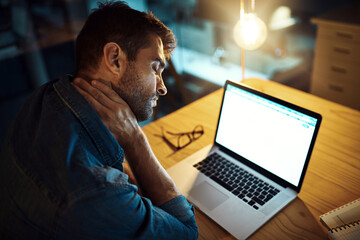 Poster - Man, laptop and neck pain at night in office with fatigue, stress and muscle injury at startup. Person, computer and inflammation with burnout, tired and overtime with deadline at creative agency