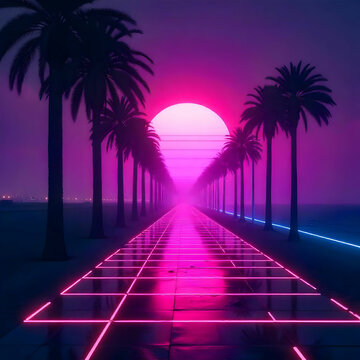A synthwave-style scene showcasing a vibrant neon sunset, silhouetted palm trees,