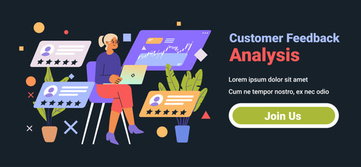 Poster - customer feedback analysis concept woman laptop rating charts dark background plants modern design