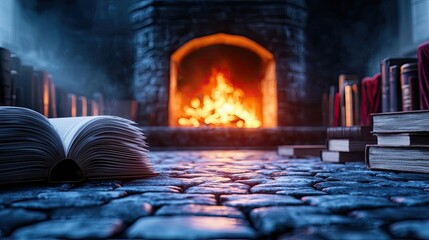 Poster - Cozy scene with an open book by a warm fireplace, surrounded by shelves of books.
