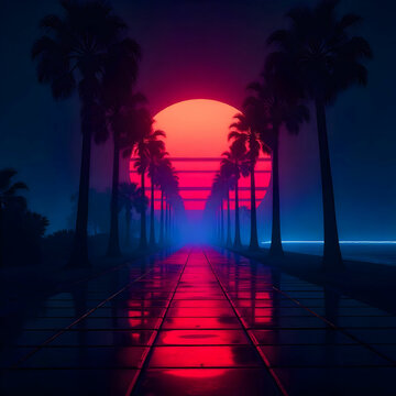 A synthwave-style scene showcasing a vibrant neon sunset, silhouetted palm trees,