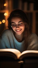 Poster - Smiling Woman Immersed in a Book During a Cozy Night at Home : Generative AI